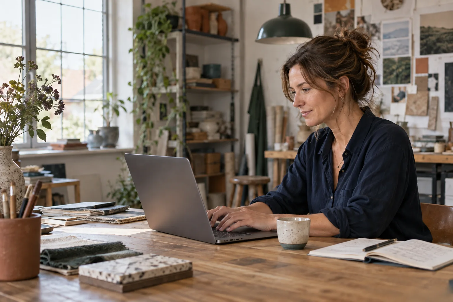 AI-illustratie: Ondernemer werkt aan haar website in een atelier